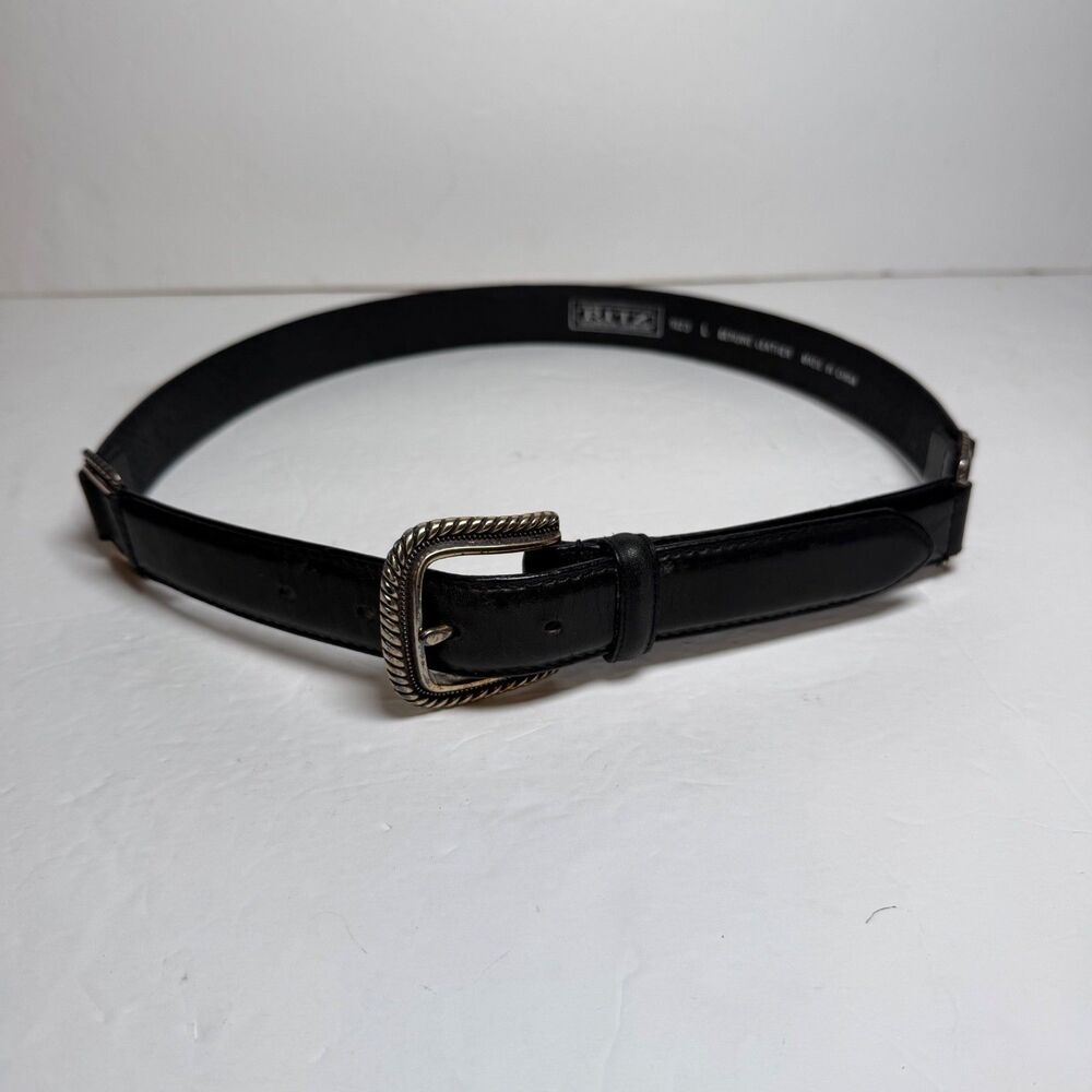 The Ritz Collection Black Leather Belt Scroll Buckle Size L Silver Tone 40"
